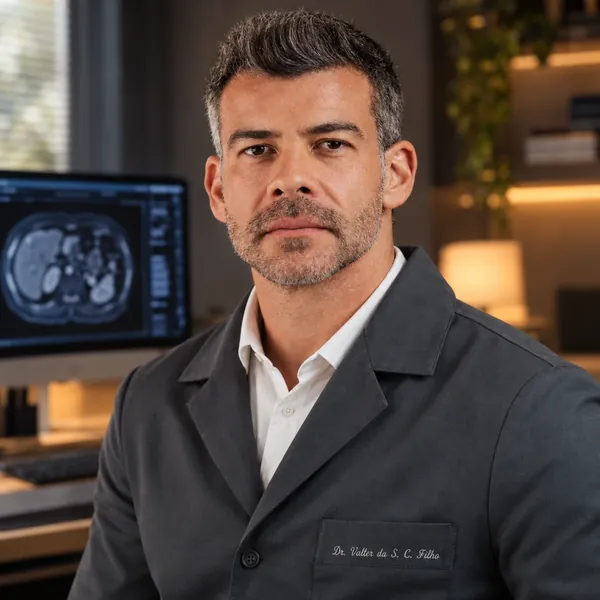 Dr. Valter Cardoso Filho de jaleco no consultório, com um exame de imagem do abdômen no monitor ao fundo